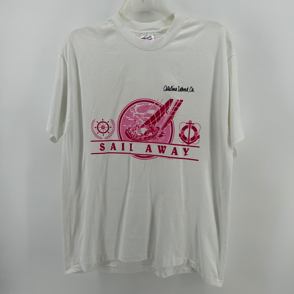 Vintage Hanes 50/50 T-Shirt Mens XL White Pink Catalina Island CA Single Stitch
